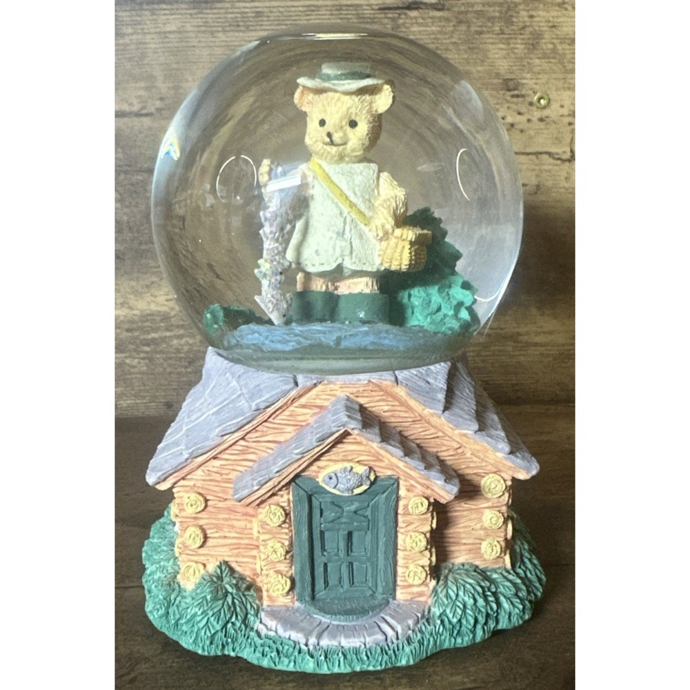 Rare San Francisco Music Box Company Snow Globe Vintage The Fishing Teddy Bear